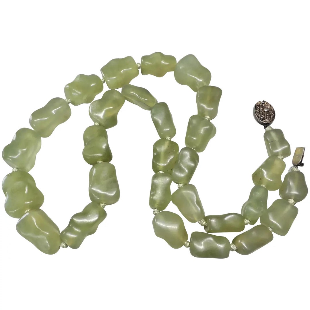 Vintage 1930's Art Deco Chinese Carved Green Jade Nugget Beaded