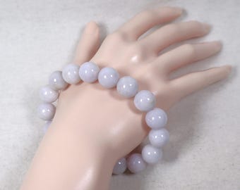 Bracciale elastico con perline di giada giadeite color lavanda chiaro, diametro 12 mm, circonferenza interna 7,25".
