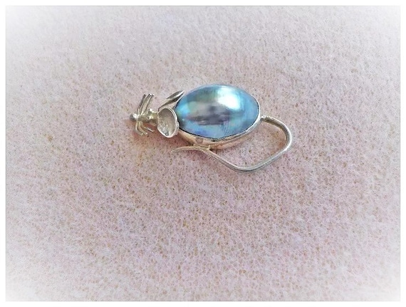 Vintage Blue Mabe Pearl Sterling Silver Mouse Bro… - image 3