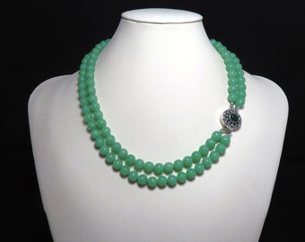 Vintage Genuine Natural Translucent Apple Green Jadeite Jade Two Strand Beaded Necklace Sterling Clasp