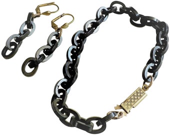 Antique Victorian Mourning Black Vulcanite Mourning Link Bracelet And Earrings Set