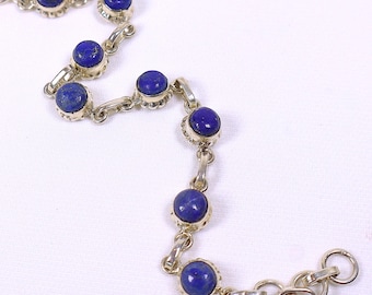 Bracciale regolabile in argento sterling con maglie a catena e lapislazzuli, lunghezza 7-8 pollici (18-20 cm).