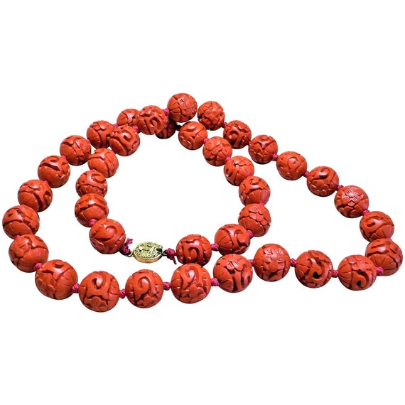 Vintage Chinese Export 1970's Red Cinnabar Neckla… - image 1