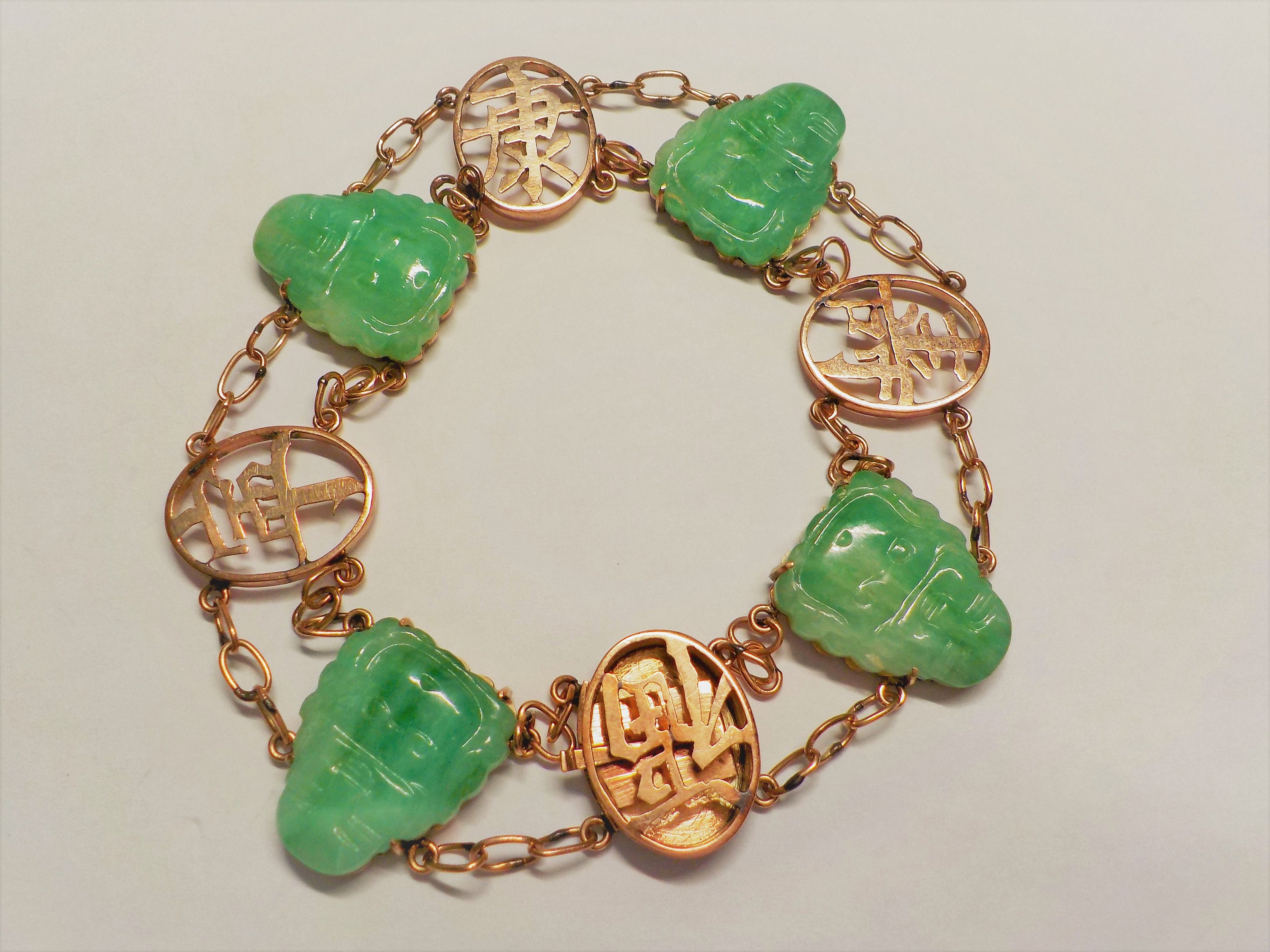 Vintage 1900's Translucent Apple Green Jadeite Buddha 14k Yellow