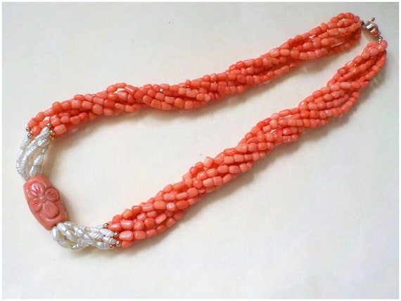 Vintage Chinese Six Strand Salmon Coral White Ric… - image 6