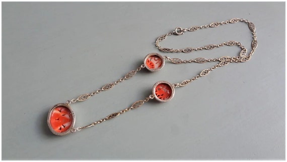 Vintage Chinese Export Carved Red Coral Sterling … - image 9