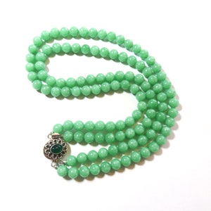 Vintage Genuine Natural Translucent Apple Green Jadeite Jade Two Strand Beaded Necklace Sterling Clasp zdjęcie 9