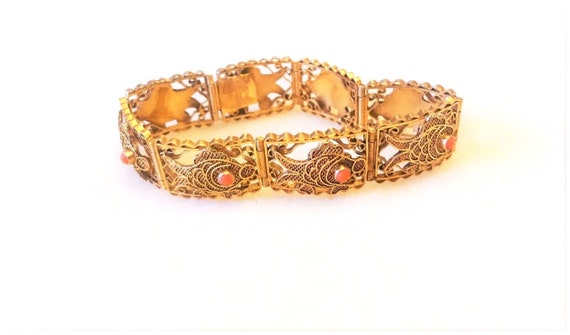 Vintage Chinese Red Coral Filigree Gilt Silver Br… - image 2