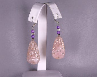 Orecchini vintage cinesi Art Déco intagliati in quarzo rosa e ametista in argento sterling