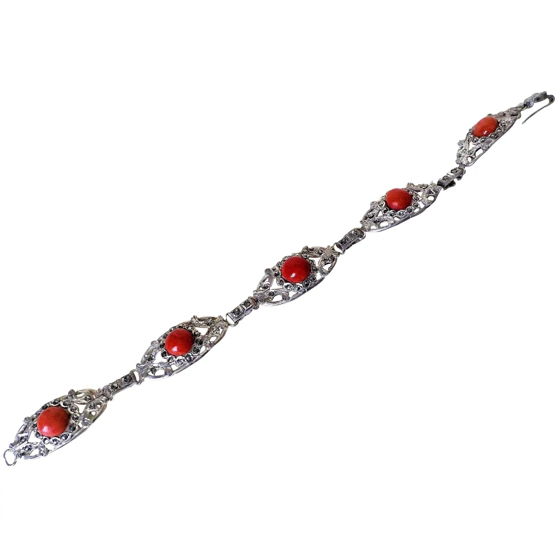 Vintage Ox Blood Red Coral Marcasite 800 Silver Bracelet - Etsy