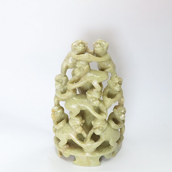 Vintage 1940's Chinese Hand Carved Soapstone Ten Monkeys Acrobatic