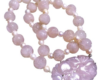 Vintage Chinese Art Deco Style Shou Carved Rose Quartz Cultured Pearl Sterling Pendant Necklace