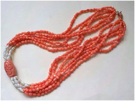 Vintage Chinese Six Strand Salmon Coral White Ric… - image 10