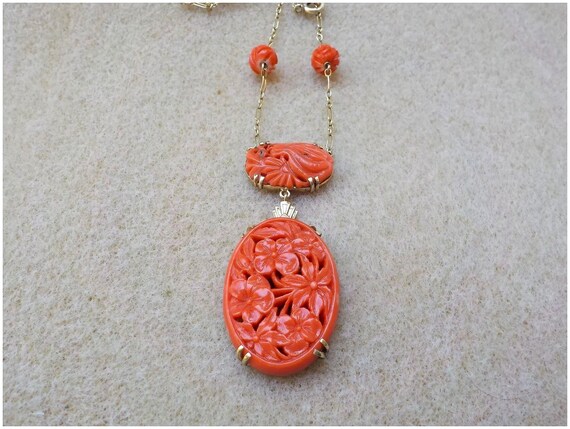 Chinese 14k Art Deco Carved Red Coral Pendant Nec… - image 9