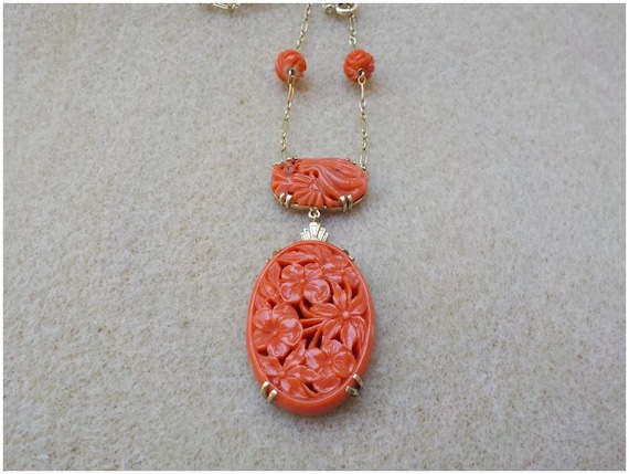 Chinese 14k Art Deco Carved Red Coral Pendant Nec… - image 2