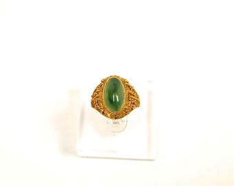 Vintage Chinese Art Deco Green Jadeite Gold Vermeil Sterling Adjustable Ring