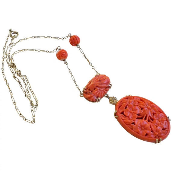 Chinese 14k Art Deco Carved Red Coral Pendant Nec… - image 1