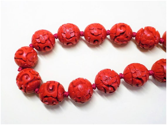 Vintage Chinese Export 1970's Red Cinnabar Neckla… - image 4