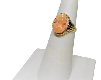 Antique Victorian 14k Gold Pink Coral Carved Lady Cameo Ring