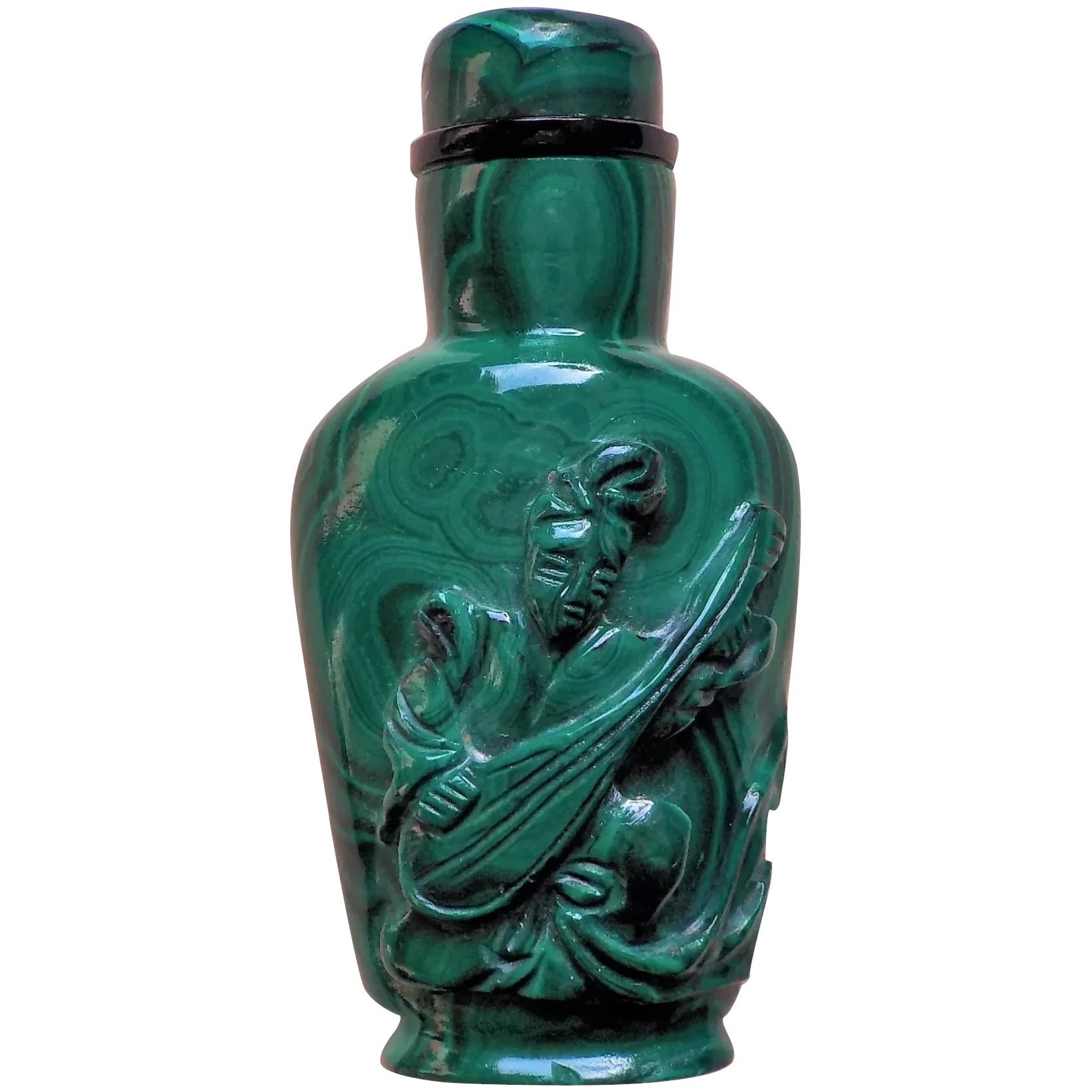 Vintage 1900's Chinese Carved Malachite Musician Snuff Bottle With