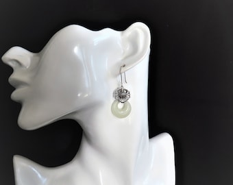 Vintage chinesischen Export Weiß Nephrit Jade Sterling Silber Ohrringe