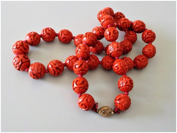Vintage Chinese Export 1970's Red Cinnabar Neckla… - image 10