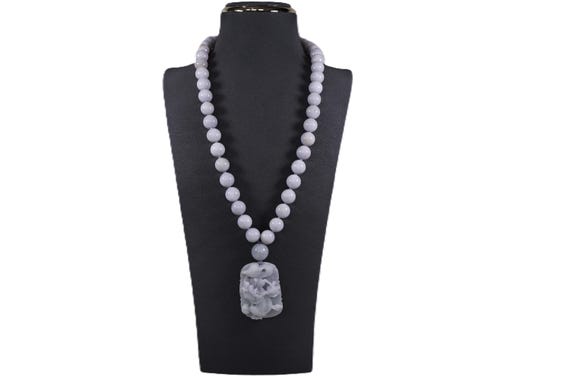 Vintage Lavender Jadeite Beaded Necklace Carved Lavender Jadeite Dragon Pendant