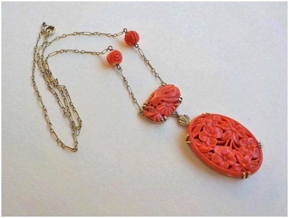 Chinese 14k Art Deco Carved Red Coral Pendant Nec… - image 6