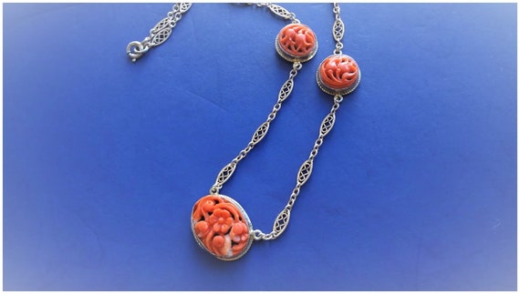 Vintage Chinese Export Carved Red Coral Sterling … - image 6