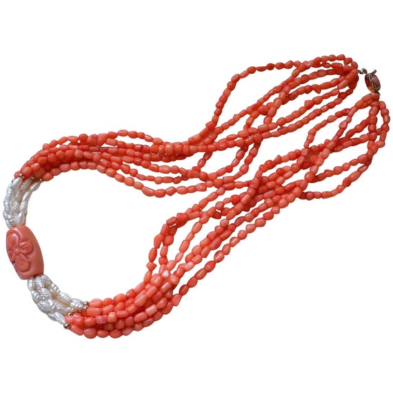 Vintage Chinese Six Strand Salmon Coral White Ric… - image 1