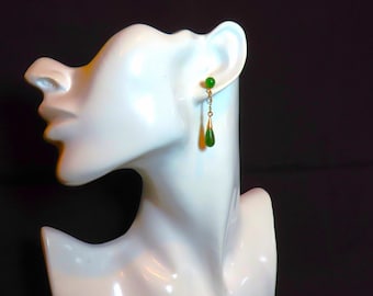 Vintage 1970er Chinesische Grüne Nephrit Jade Gold Vermeil Sterling Silber Tropfen Ohrringe