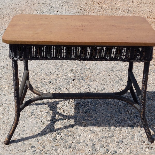 Vintage Wicker Table with Oak Top