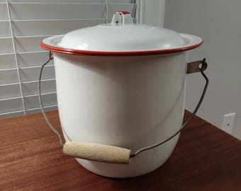 White Enamelware Chamber Pot , Wire Bail , Wood handle