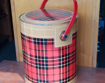 Vintage 1960s Red Plaid Round Metal Cooler