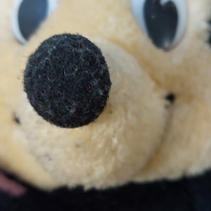 May include: Close-up of a plush toy's face, featuring a black felt nose and large, white eyes with black pupils.