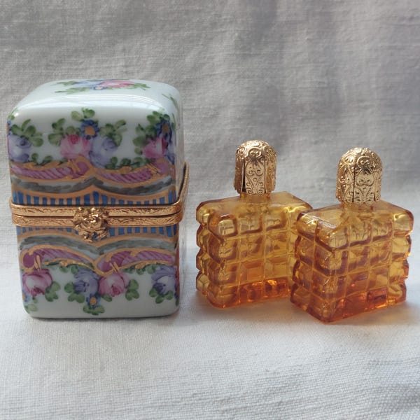 Limoges Perfume Caddy with Two Amber Bottles