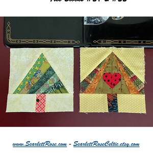 May include: Two fabric tree blocks from the "Hearts & Trees Series" are shown. The blocks feature a tree design with a red heart and a ladybug. The text reads "Foundation Paper Pieced Digital Patterns with a Modern Flair!" and "Tree Blocks #21 & #22".