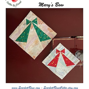Op de afbeelding: Een digitaal foundation paper pieced patroon voor een quiltblok genaamd "Mary's Bow". Het patroon bevat sjablonen voor een blok van 15 cm en 20 cm. De afbeelding toont twee afgewerkte blokken, een in rood en een in groen.