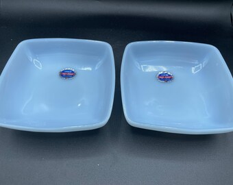 TWO Midcentury Anchor Hocking Fire King Azurite Blue Charm 6" Soup Bowl - Azur-Ite Sickers Intact
