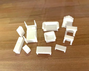 1:144 Miniature Dollhouse Furniture Set, 3D printed, white unpainted by à la miniature on Etsy