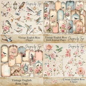 Vintage English Rose Junk Journal Clipart & Tags, Printable Ephemera, Paper Craft, Printable Tags, DBT001
