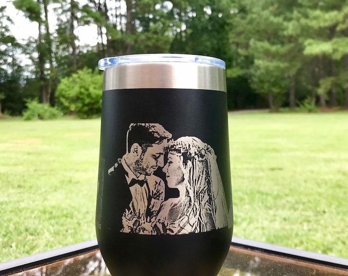 Photo engraved Stainless Steel Wine Tumbler, Personalized  Stemless Vacuum Insulated Double Wall, Powder Coated