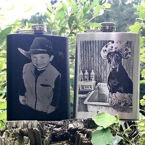 Custom Photo engraved Flask, Stainless steel flask, Black Flask, 8 oz picture flask