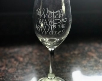 14 oz wine glass engraved Witch way to the wine glass, Bat cork screw, Halloween wine glass
