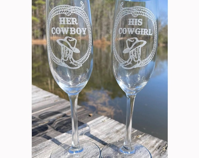 Engraved Cowboy Cowgirl Champagne Flute Set, Country Wedding Toasting Glasses