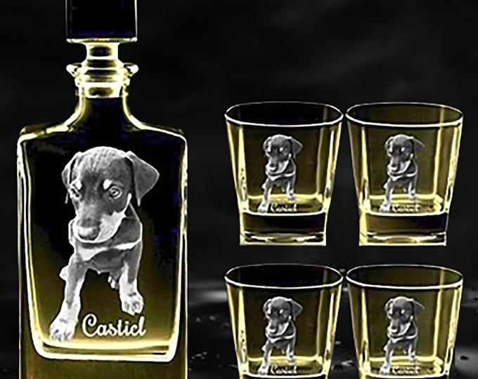 Photo engraved Whiskey Decanter Set, one decanter and four glasses