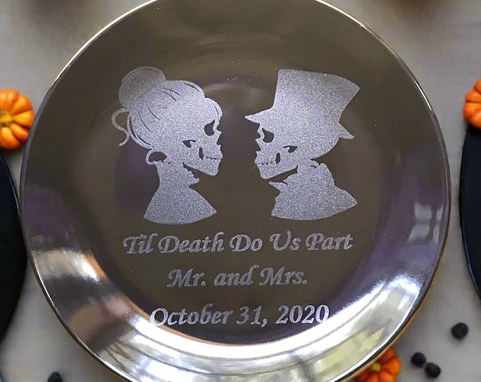 Personalized Two engraved Black Skeletons plates, Til Death do us part Halloween wedding plates