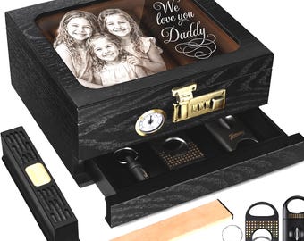 Personalized Photo Engraved Cigar Humidor, Cedar Cigar Box with Hygrometer, Humidifier, Accessory Drawer & Combination Lock