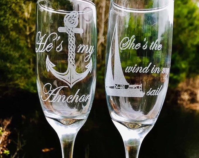 Engraved Nautical champagne flute set with sailboat and anchor, Beach wedding