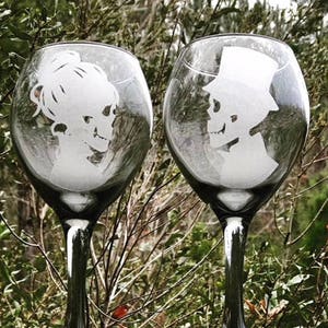Two - Skeleton Wine Glasses,Black wine glass, Skeleton Champagne Glasses, Hand Engraved